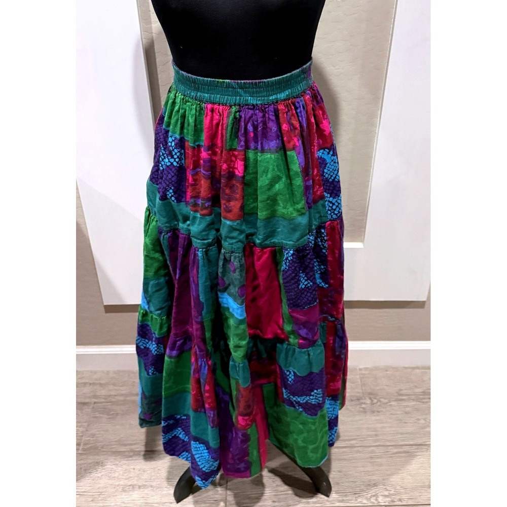Phool Womens Tiered Patchwork Maxi Skirt Purple Green Cotton Boho Size Small
